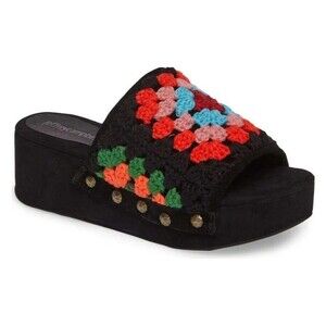 Jeffrey Campbell Nonna Crocheted Platform Slide Sandal In Black Suede Multi 8M